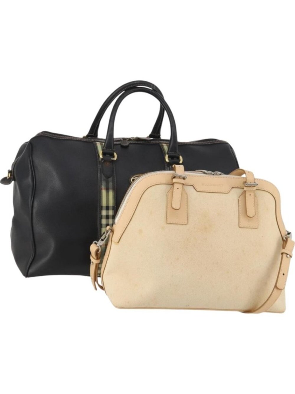 BURBERRY Boston Bag Leather Canvas 2 Set Black Beige